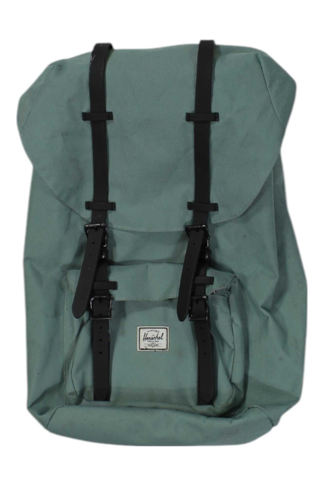 The Little America Backpack features green canvas, a flap cover, two black buckle straps, front pocket, padded laptop sleeve, and a white rectangular Herschel label on the front pocket.