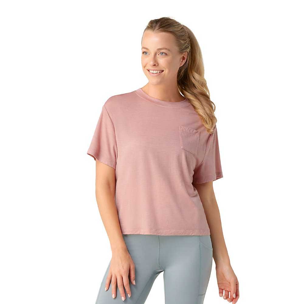 Women's cropped merino T-shirt on model, copper pink, crew neck and pocket