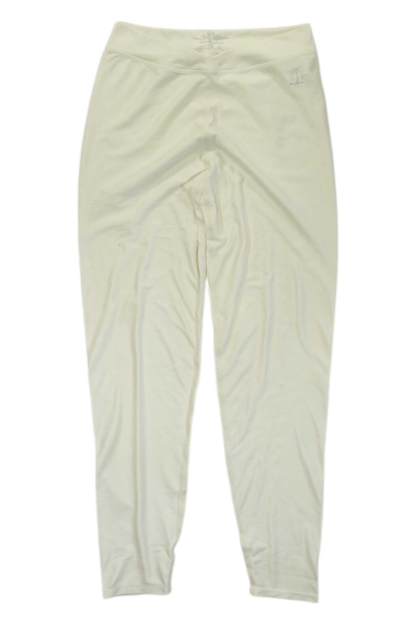 Snow Angel Womens Ladies V Waist Leggings in light beige are shown laid flat on a white background. These mid rise leggings feature a smooth, slightly stretchy fabric and a simple, unadorned design for everyday comfort.