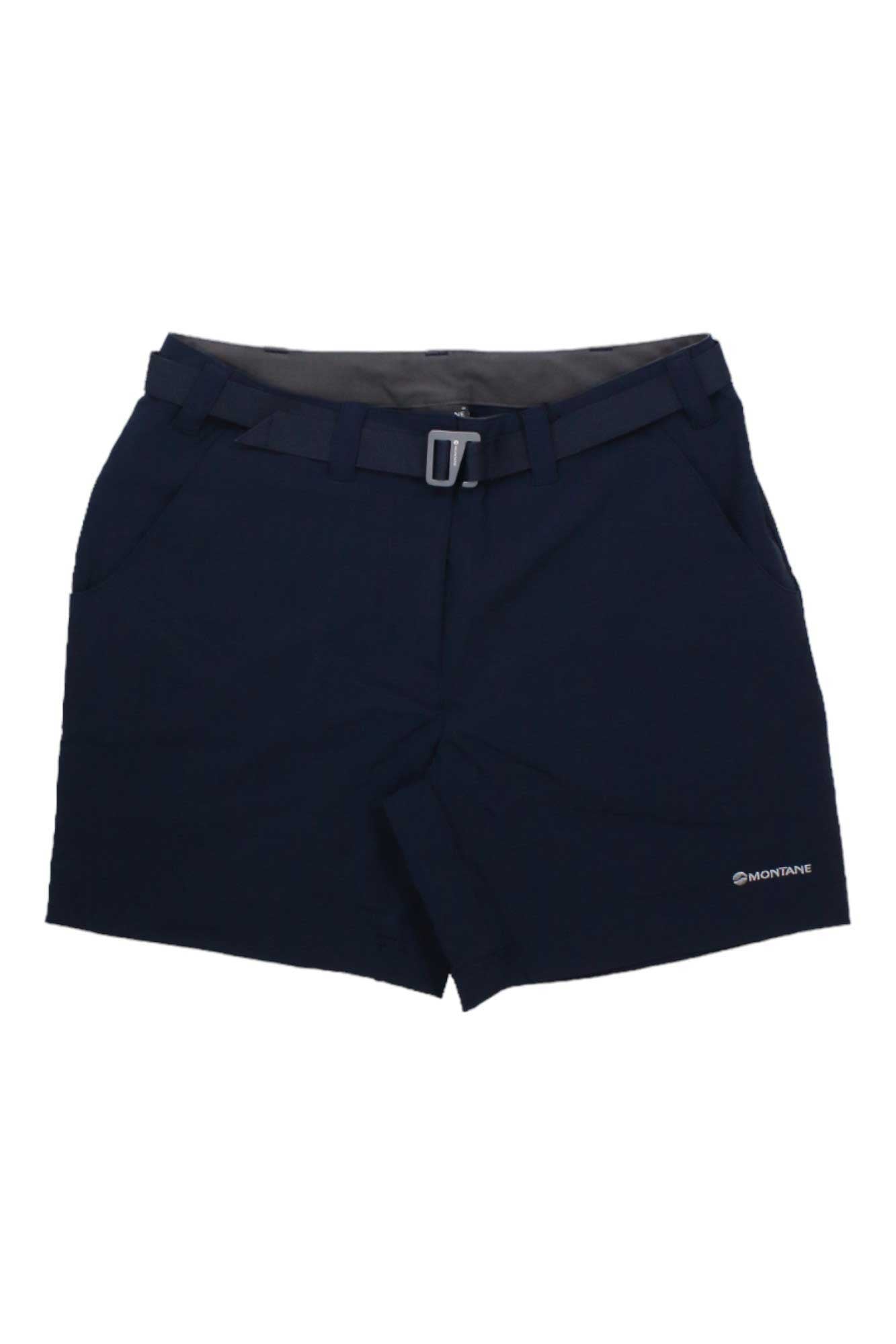 Womens navy shorts with front zip, belt loops, and Montane logo on right leg