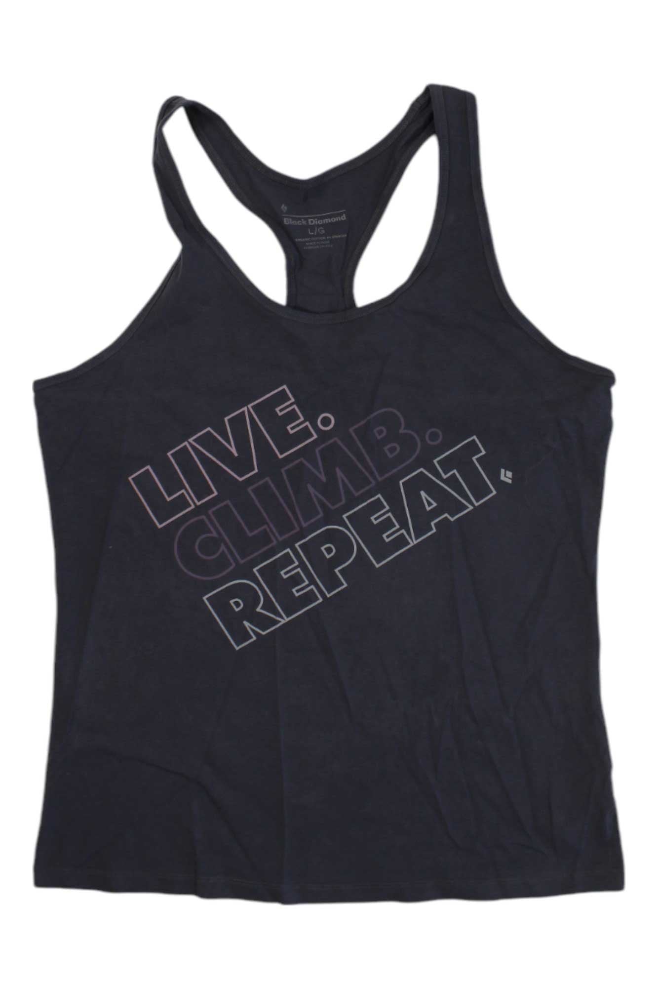 The Black Diamond Womens Live.Climb.Repeat. Tank is a moisture-wicking racerback with “LIVE. CLIMB. REPEAT.” printed diagonally in bold, light-colored letters—ideal for outdoor activewear enthusiasts.