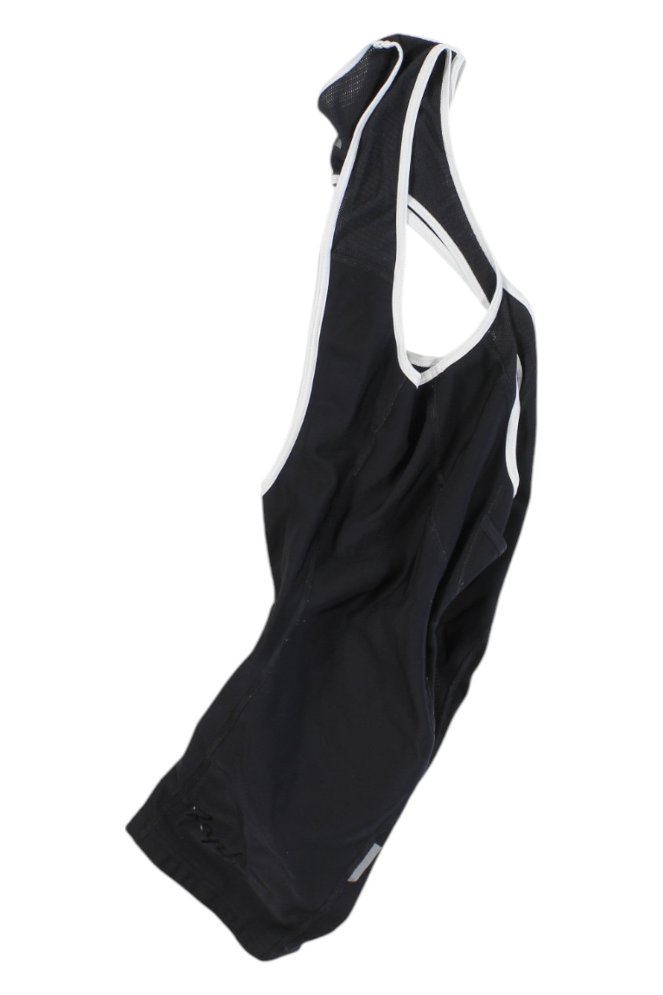The black Rapha Classic Thermal Bib Shorts with white trim, shoulder straps, and mesh details are showcased on a white background. These lightweight, breathable cycling shorts offer aerodynamic design for peak performance.