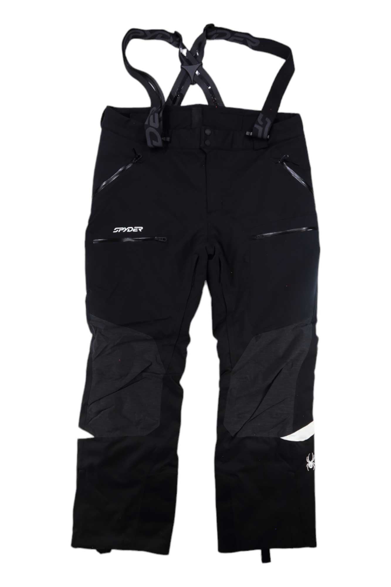 Men's black ski pants with side zips, cargo pockets, and reflective lower accent