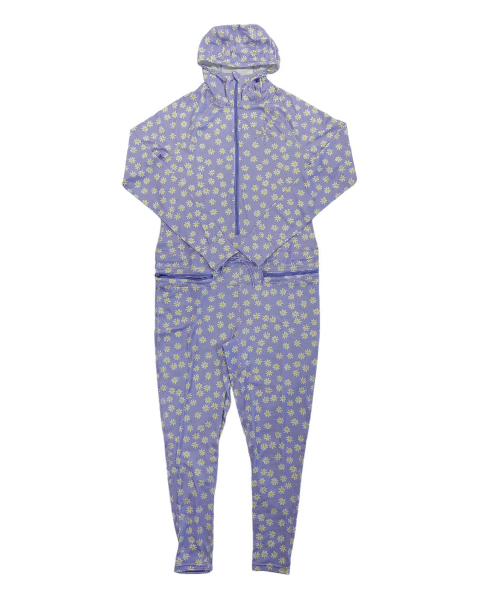 The Airblaster Womens Classic Ninja Suit is a purple, hooded one-piece jumpsuit with a yellow daisy print, long sleeves and legs, 4-way stretch comfort, and flexibility, shown laid flat on a white background.