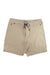 The Roark Mens Layover Trail Short 3.0 in light beige features a drawstring waistband and two front vertical zippered pockets, shown laid flat on a white background.