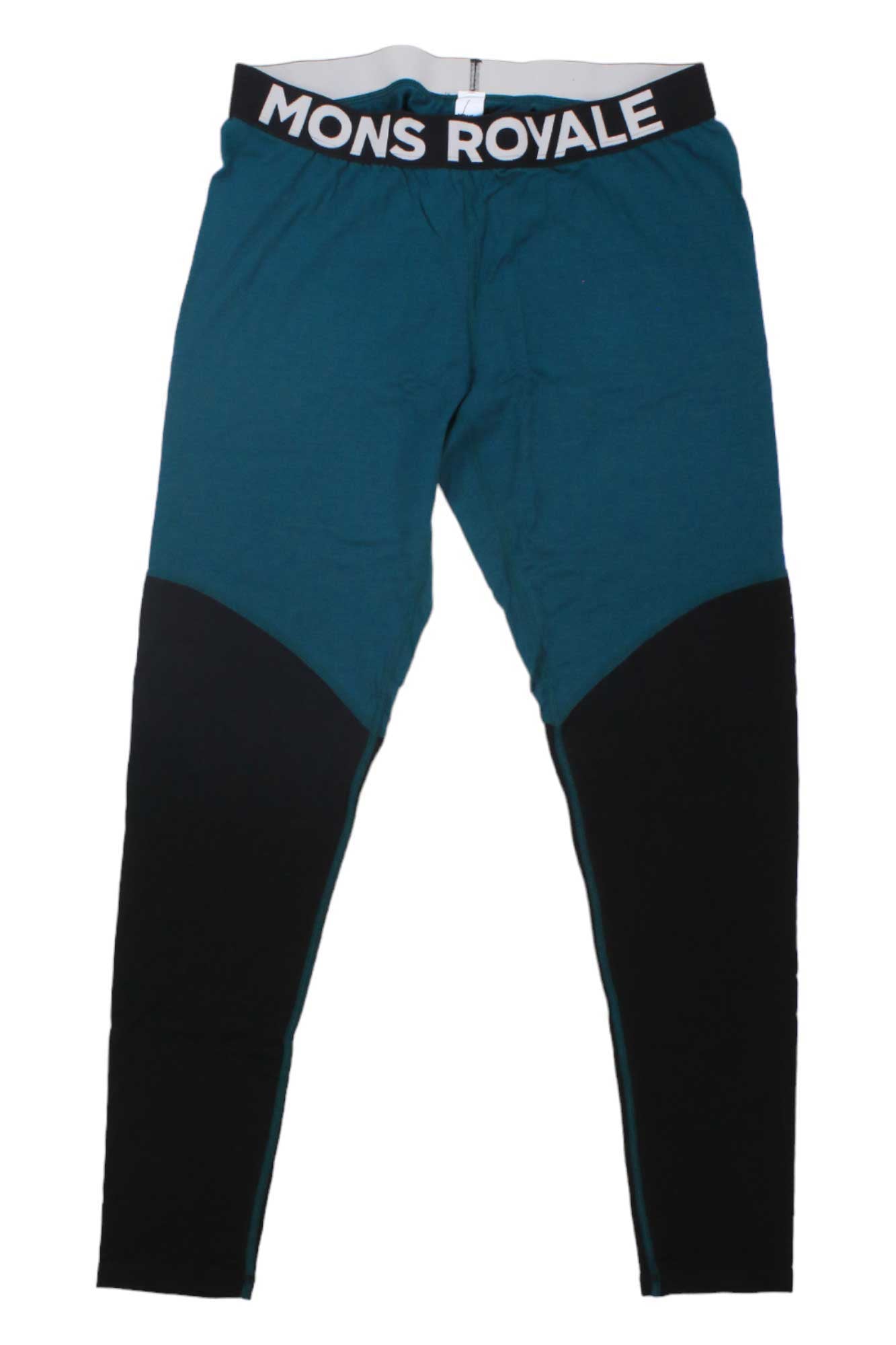 The Mons Royale Women's Cascade Legging features teal and black color-blocked merino wool and a branded waistband—perfect as a women’s baselayer for skiing or active adventures.