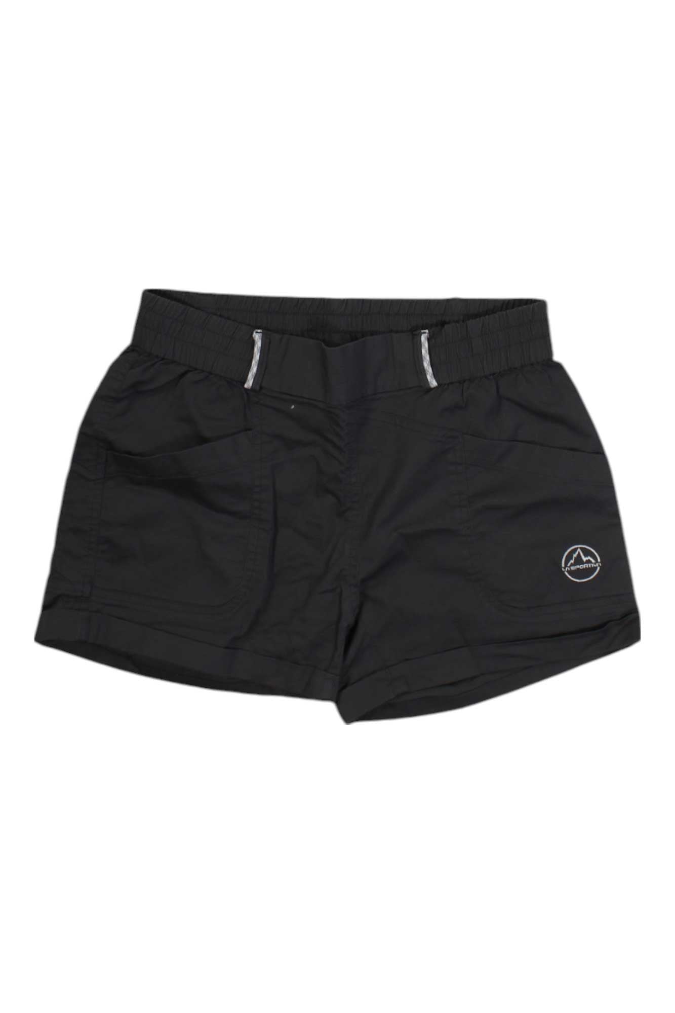 The La Sportiva Womens Damen Shorts Escape Short features an elastic waistband, two front pockets, a small white mountain logo on the left leg, and two reflective vertical stripes near the waistband for outdoor adventures.