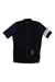 The Rapha Pro Team Training Jersey is a high-performance short-sleeve cycling jersey, mostly black with dark blue sleeves and a white stripe on the left sleeve. A small white-striped patch sits near the bottom right. Front zipper included.