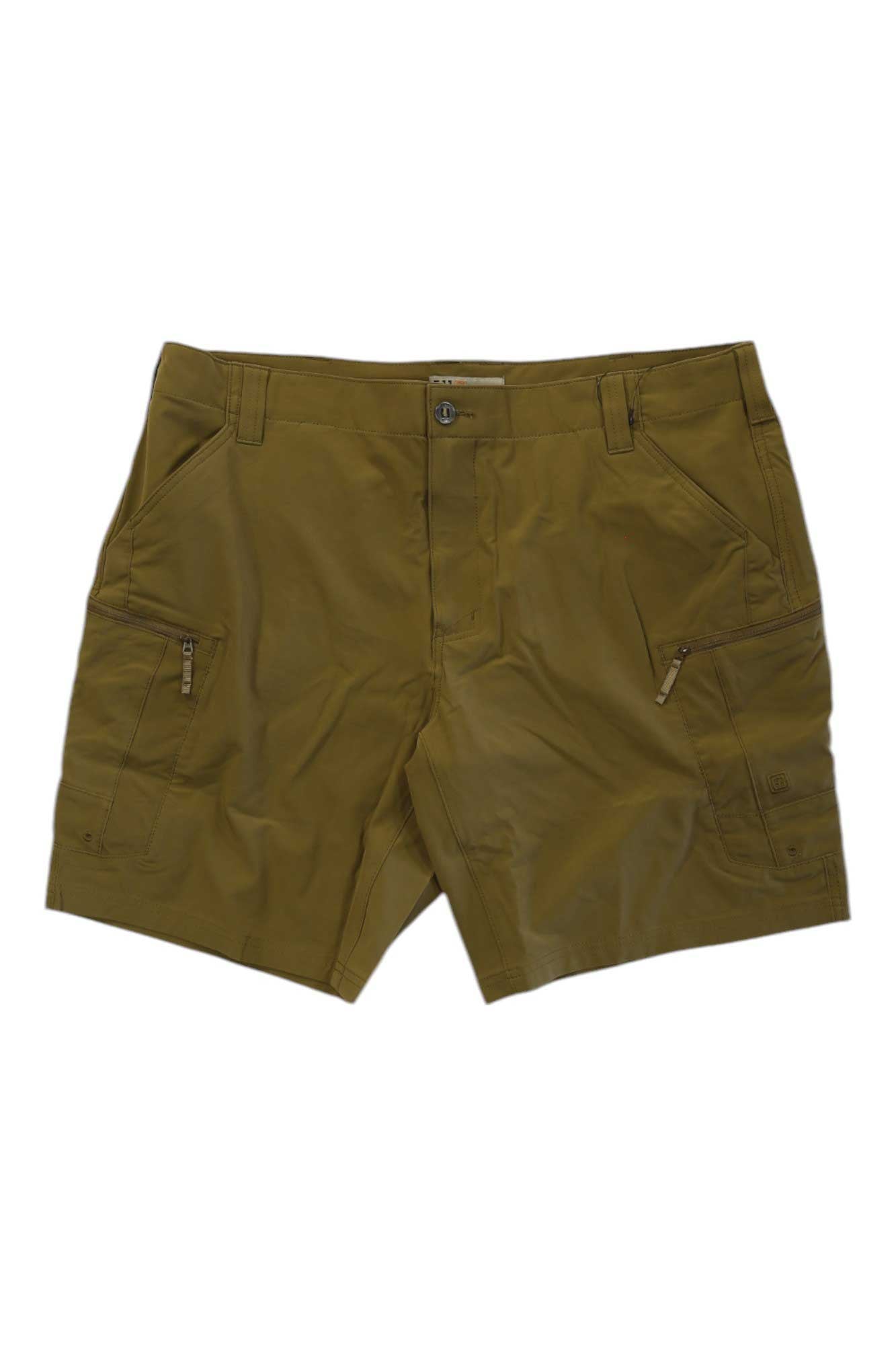 The 5.11 Mens Trail Short in olive green features a front zipper with button closure, two zippered front pockets, belt loops, and side seams—ideal outdoor work shorts shown laid flat on a white background.