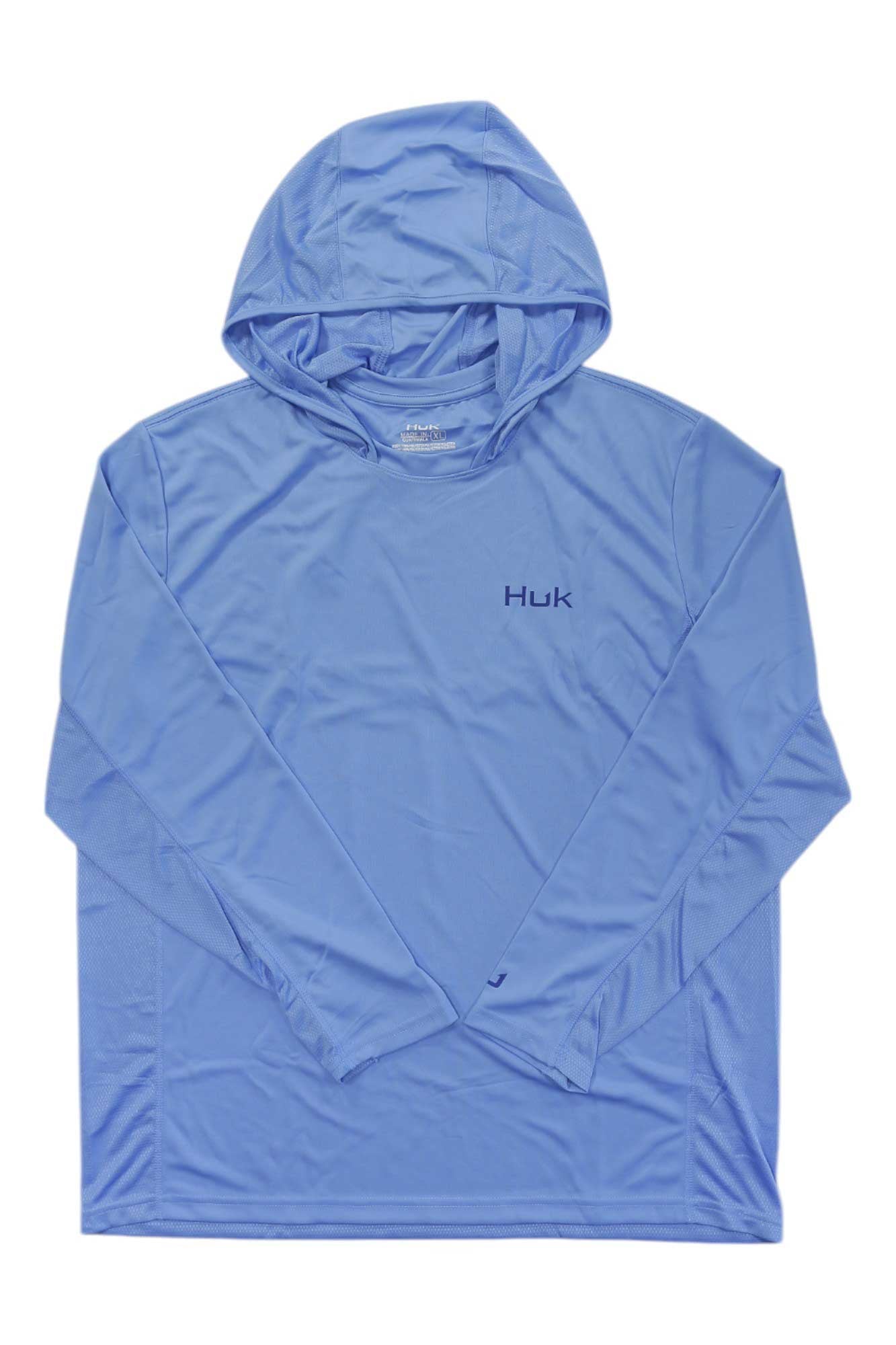 The Huk Mens Icon X Hoodie is a light blue, long-sleeve fishing hoodie with the Huk logo on the left chest. Made of lightweight, breathable fabric, it provides moisture wicking and cooling sun protection for comfort all day.