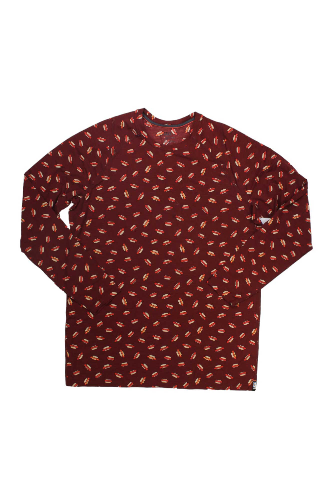 Maroon SAXX Mens Viewfinder LS Crew hiking long sleeve shirt featuring a vibrant all-over hotdog pattern, displayed flat on a white background.