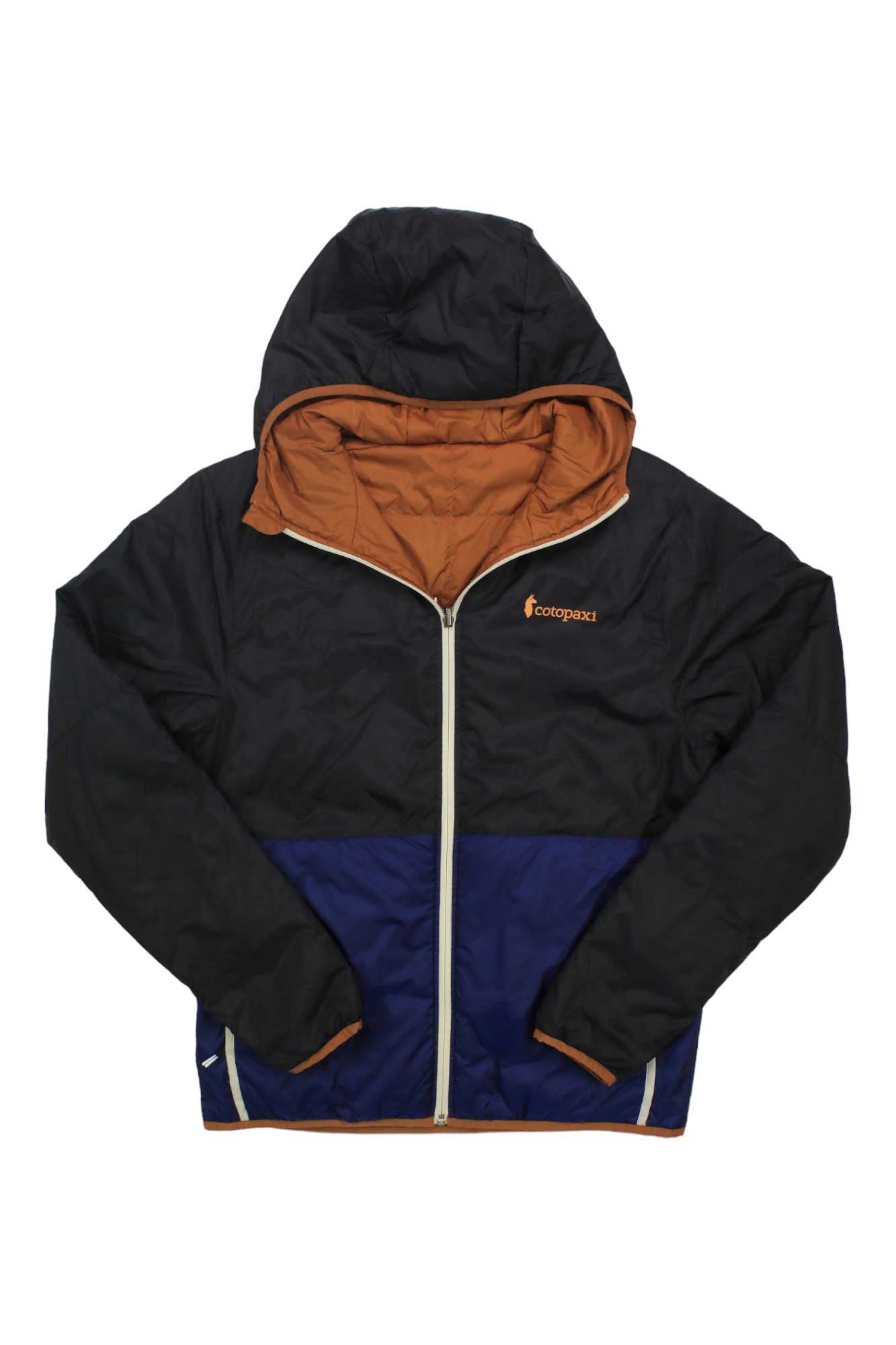 The Cotopaxi Mens Teca Calido Hooded Jacket is packable, with a black upper, blue lower section, and brown lining. It features a hood, front zipper, embroidered left chest logo, and is made from recycled materials.
