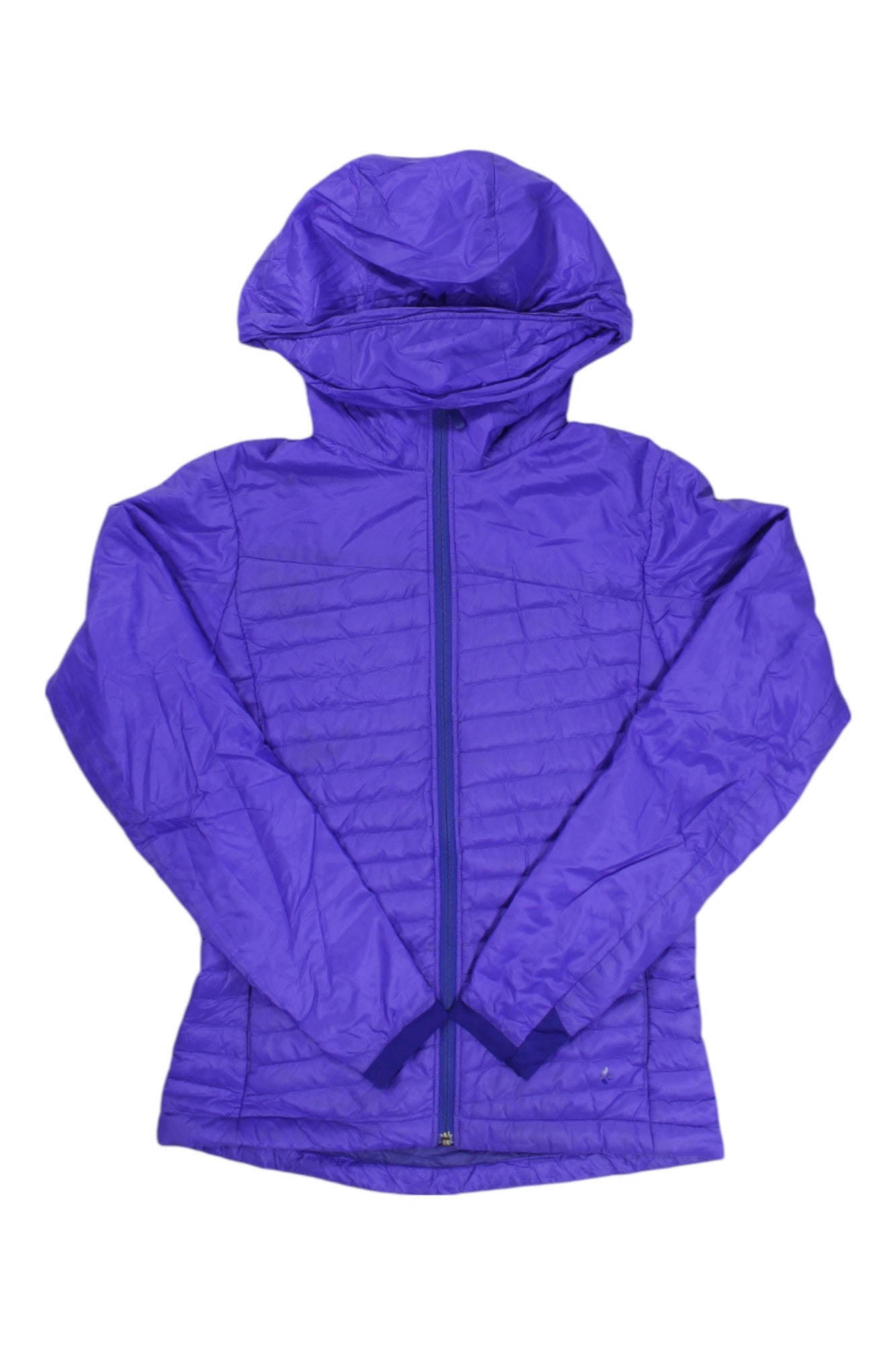 The Black Diamond Womens Hot Forge Hybrid Hoody is a vibrant purple, quilted, insulated jacket with a hood and front zipper, ideal for outdoor adventures. Displayed flat on a white background.