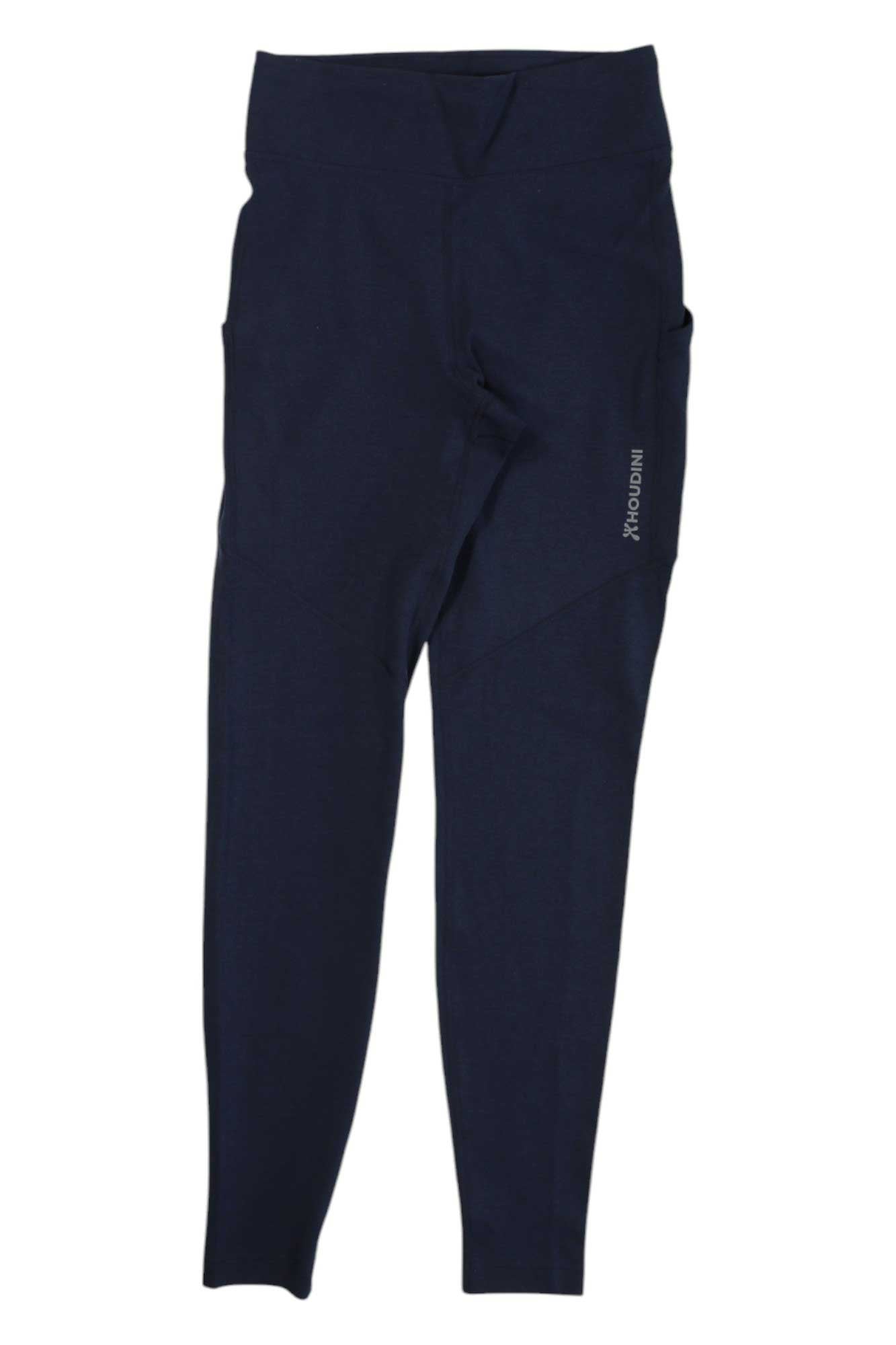 The Houdini Womens Adventure Tight in navy blue features a high-waisted fit, side pockets, the INMOTION logo on the left thigh, and moisture-wicking fabric; displayed on a white background.