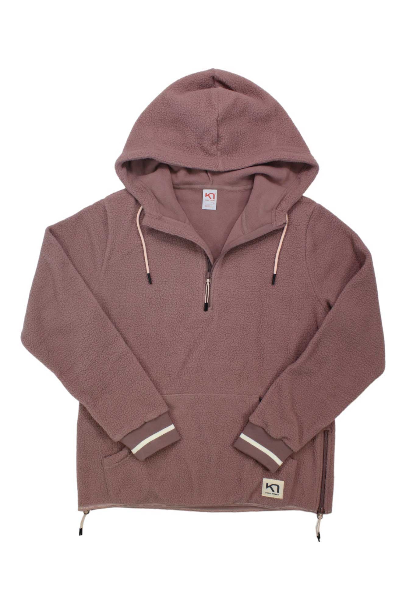 The Kari Traa Women's Rothe Hoodie is a mauve fleece pullover with a half-zip front, drawstrings, front pocket, ribbed cuffs with white and taupe stripes, and a small logo patch near the hem for cozy warmth.