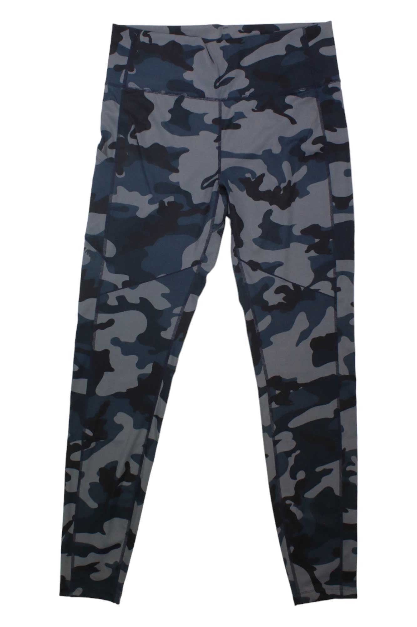 The Simms Womens Bugstopper Legging is a high-waisted, full-length legging for women, featuring a blue, black, and gray camo pattern and sun-protective fabric, shown laid flat on a white background.
