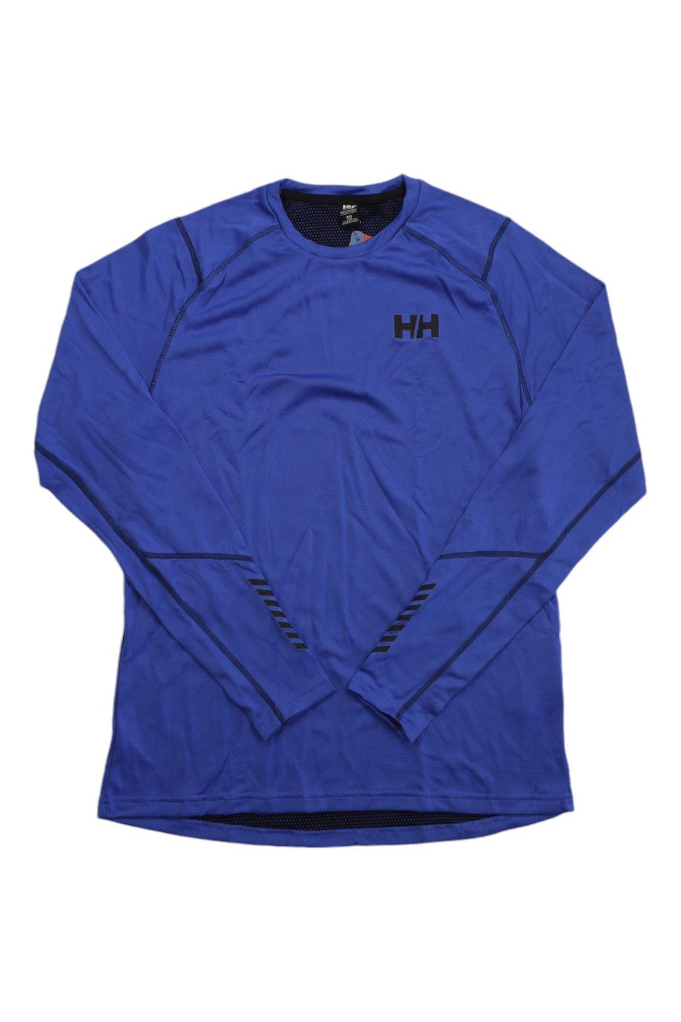 The Helly Hansen Mens Lifa Active Crew is a long-sleeved, royal blue performance base layer with black accents and the HH logo on the left chest, designed for moisture management and shown flat on a white background.
