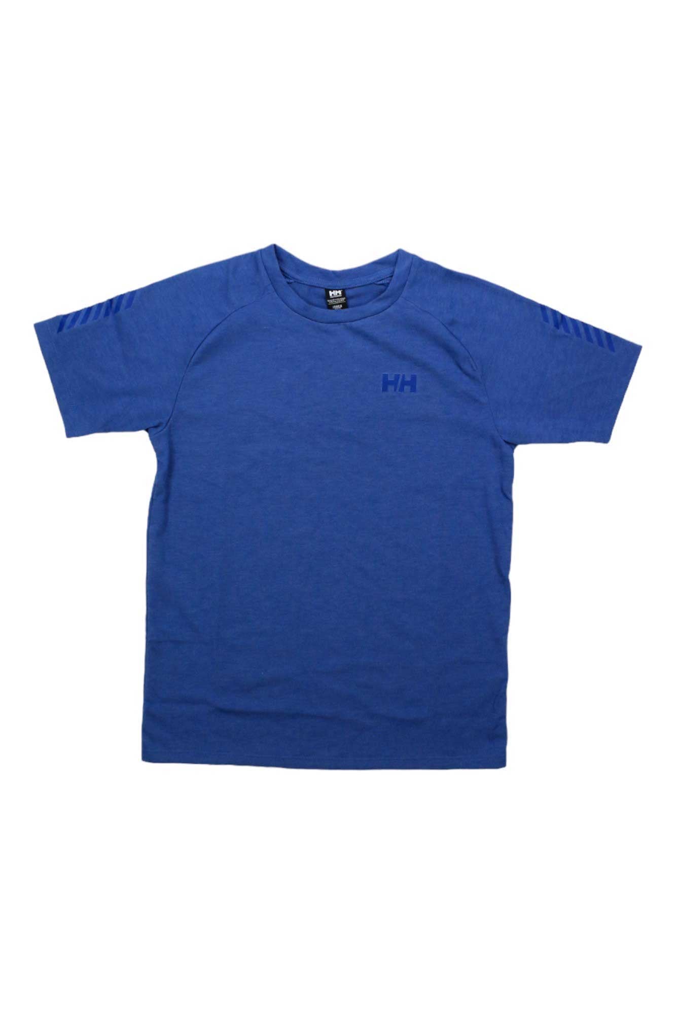 The Helly Hansen Juniors Loen Tech T-Shirt is a plain blue, short-sleeve tee with a subtle HH logo on the left chest and three diagonal stripes near each shoulder, displayed flat against a white background.