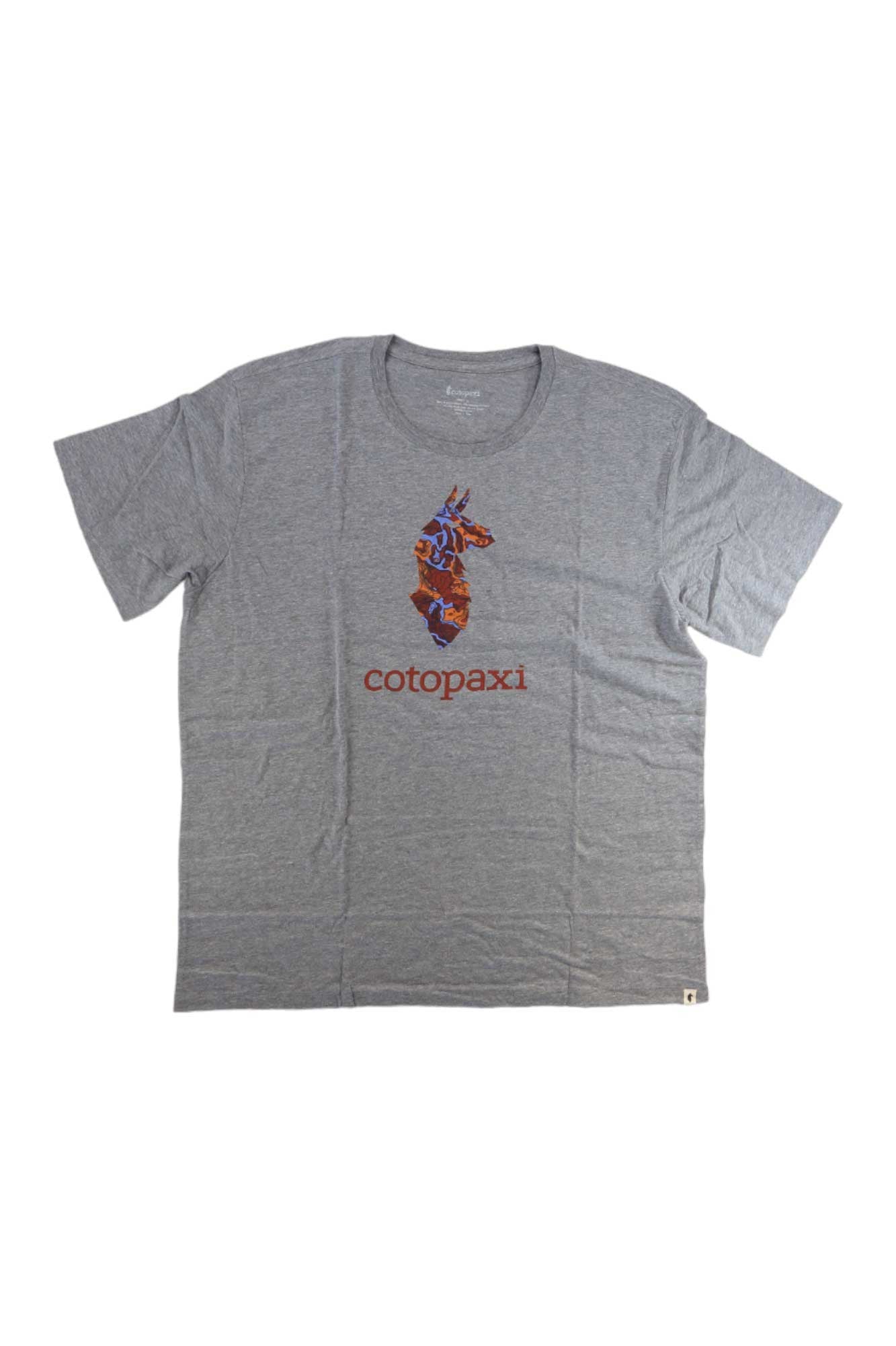The Cotopaxi Mens Altitude Llama Organic T-Shirt is a gray, short-sleeve tee made from organic cotton, featuring a colorful llama graphic above red "cotopaxi" text, both centered on the front for comfort and sustainability.