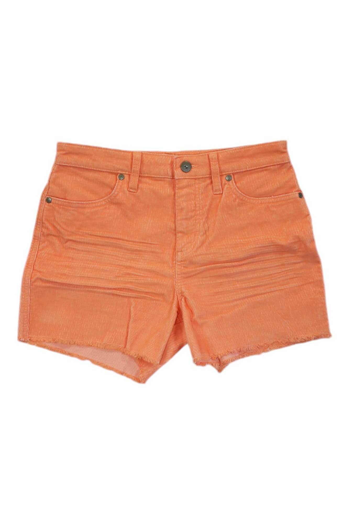 The Carve Designs Womens Oahu Hi Rise 4 Inch Short features orange denim, a button and zip closure, front and back pockets, raw unfinished hems, a relaxed fit, and a slightly textured look.