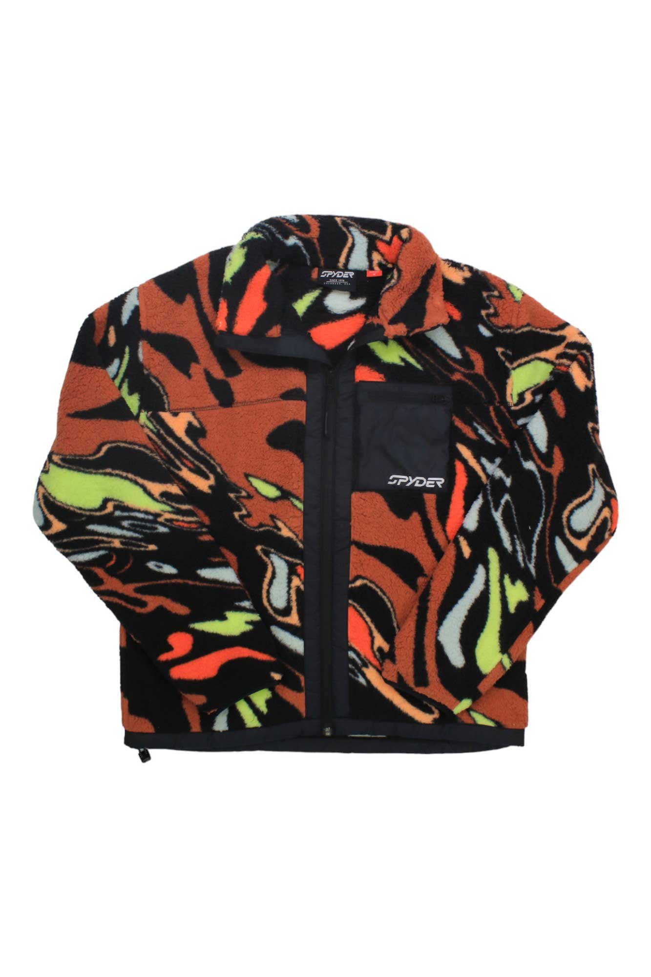 The Spyder Sherman Fleece Jacket showcases a bold abstract pattern in vibrant colors. Made from cozy polyester sherpa fleece with a front zipper and SPYDER logo, it's ideal for outdoor adventures.