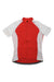 The Giro Womens Chrono Sport Jersey is a short-sleeve, moisture-wicking cycling top with a full front zipper, red panels at the front and center, and white panels on the sleeves and sides, shown on a white background.