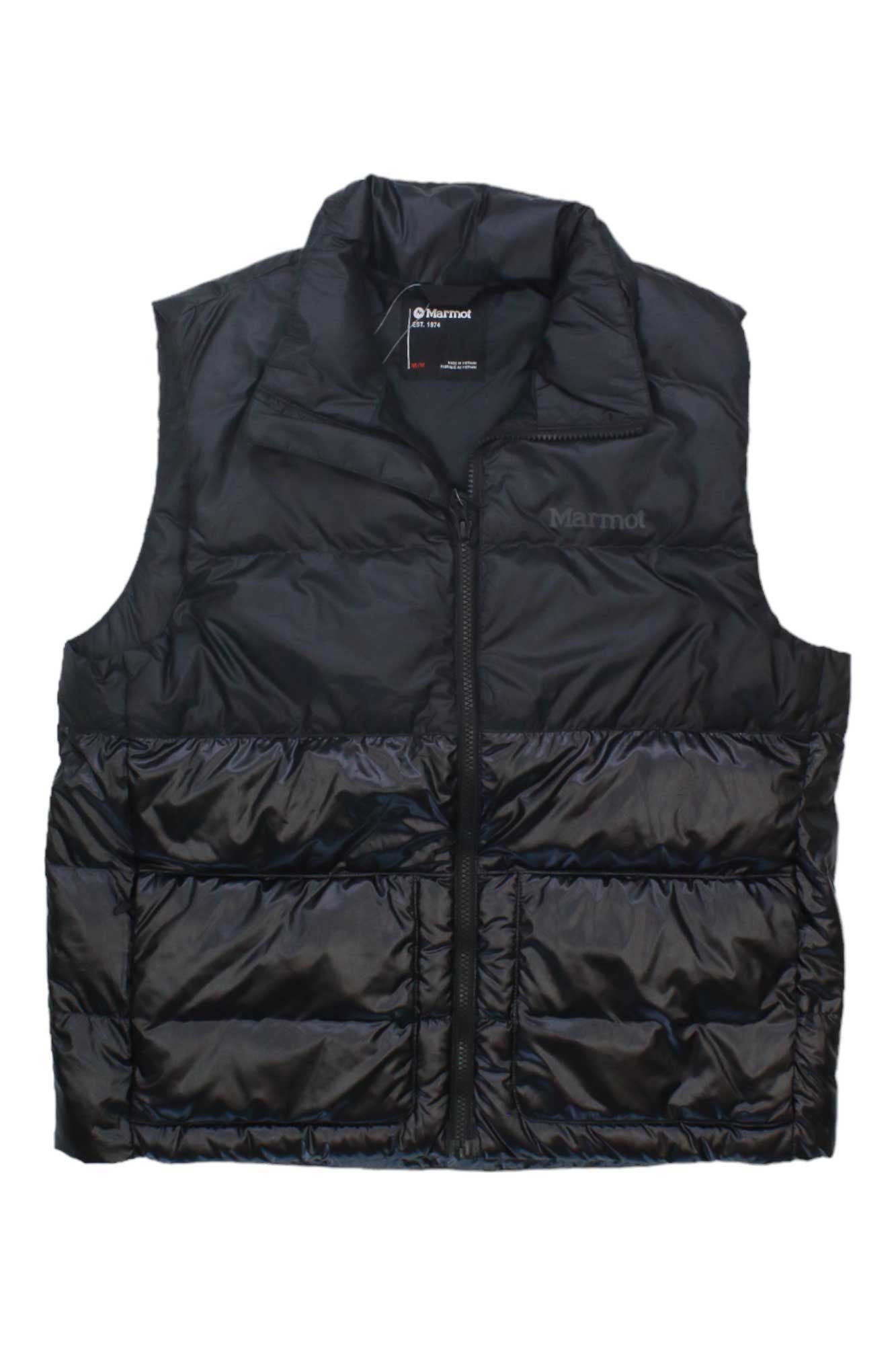 The Marmot Womens Guides Down Vest is a black, shiny insulated vest with a front zipper, high collar, two side pockets, and Marmot branding on the left chest—ideal for outdoor layering or as a stylish women’s down vest.