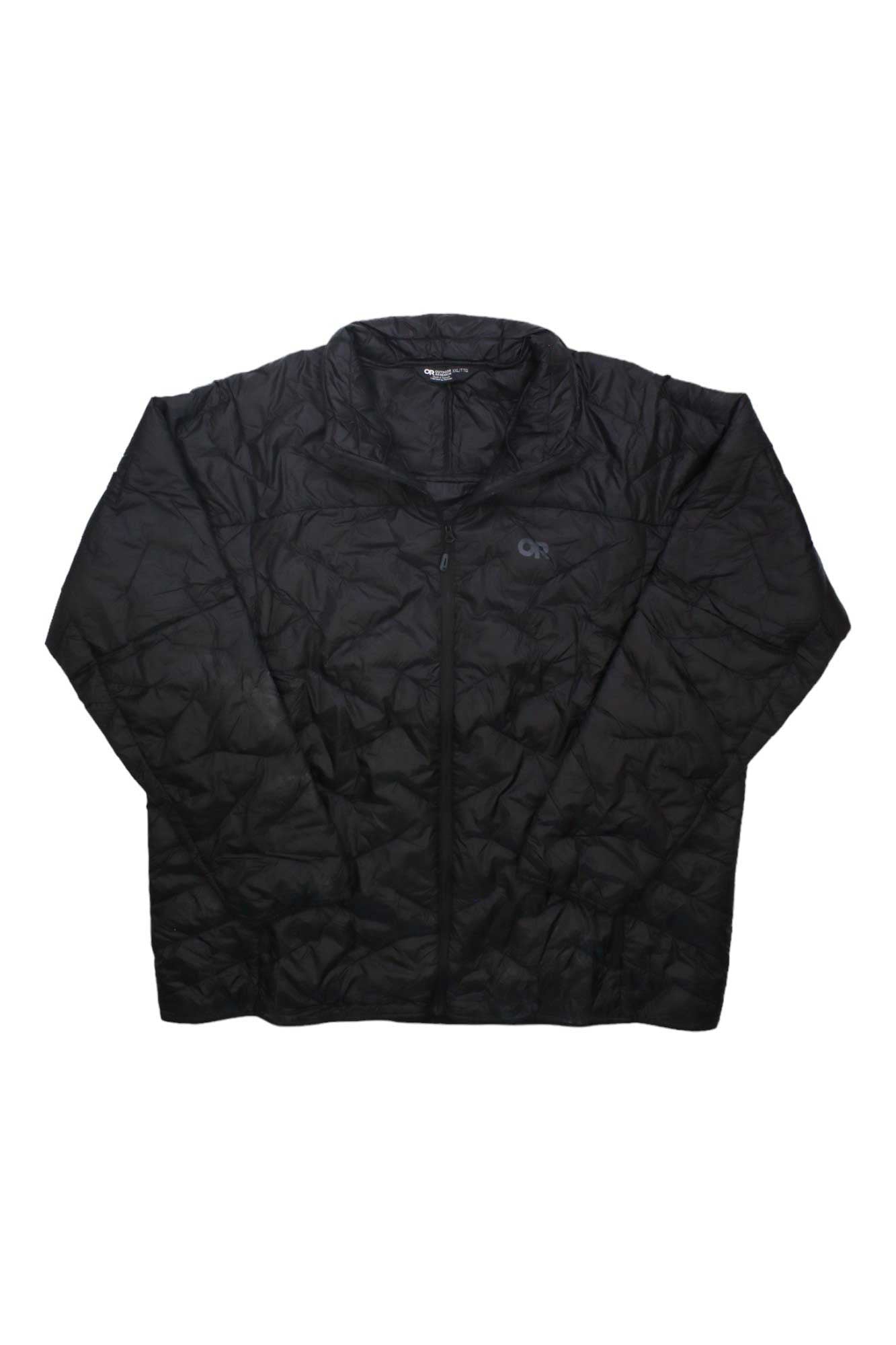 The Outdoor Research Men's SuperStrand LT Jacket is a black, ultralight quilted jacket featuring a front zipper and subtle chest logo. Displayed on a white background, this water-resistant jacket is ideal for year-round wear.