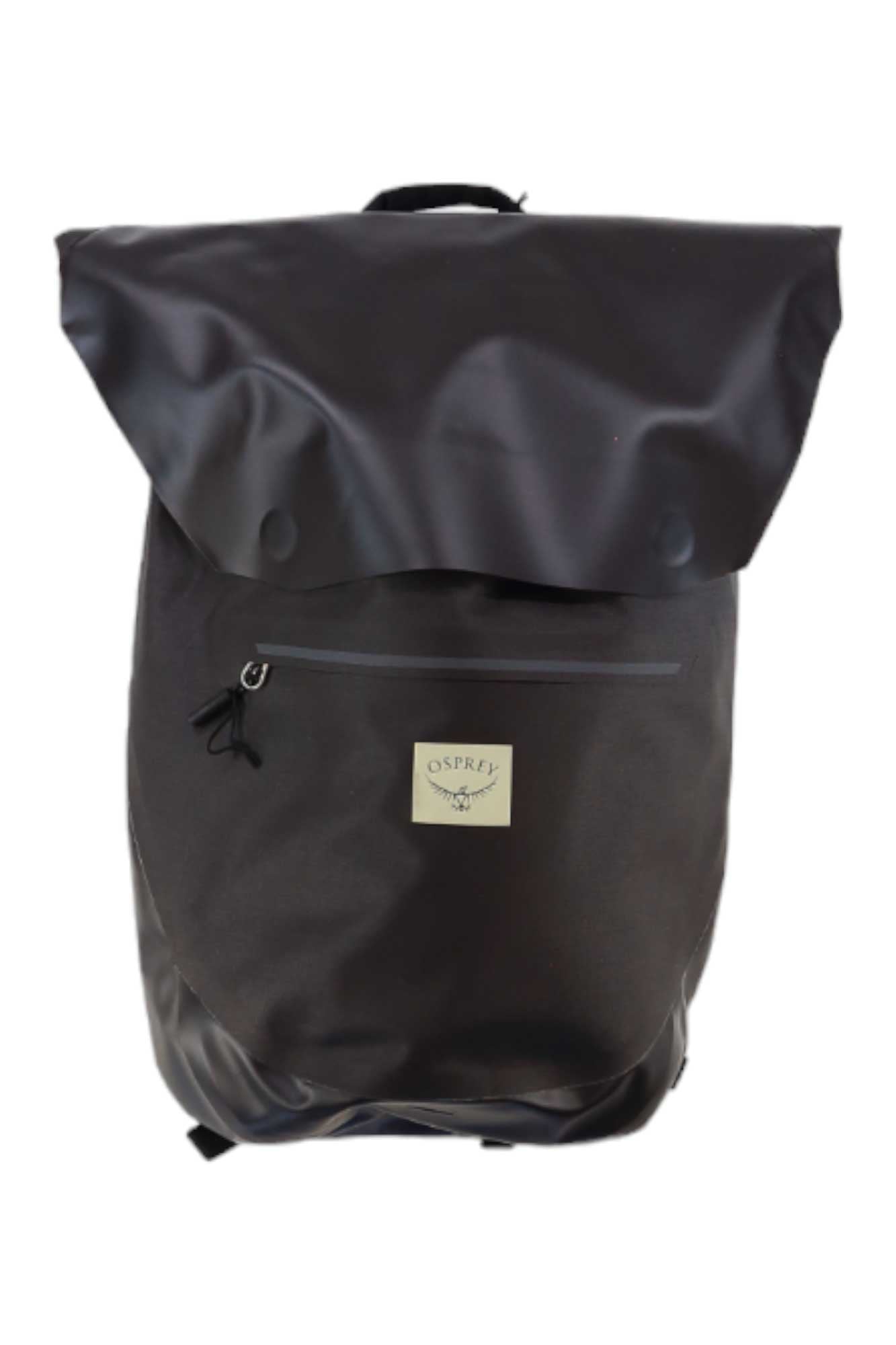 The Osprey Arcane Roll Top Waterproof 18 Bag is a black backpack made from recycled nylon, featuring a large roll-top flap, front zip pocket, laptop sleeve, and front Osprey logo patch.