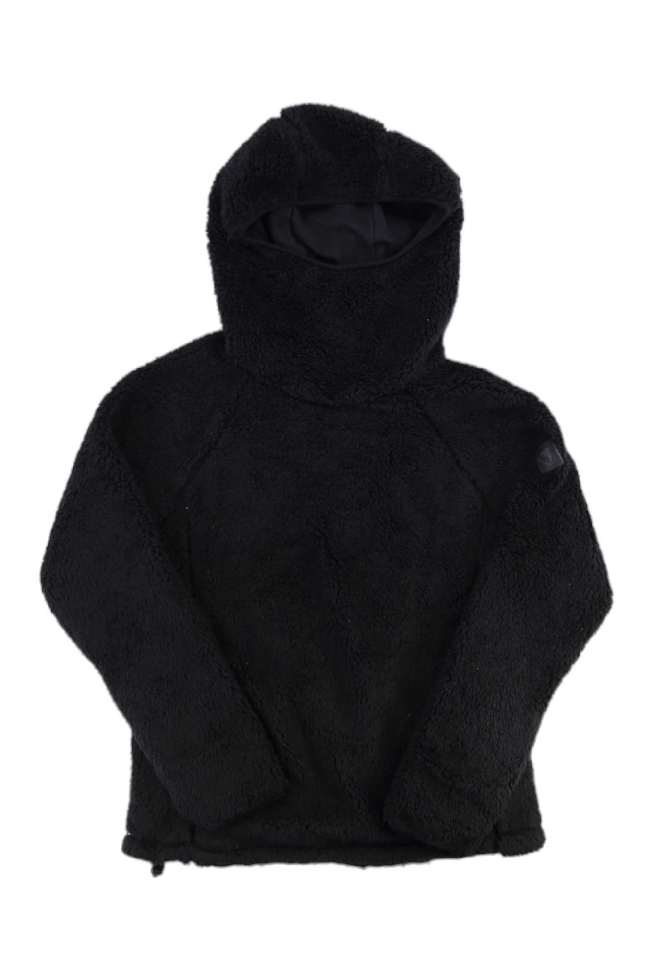 The Burton Women's Lynx Pullover is a black, fuzzy fleece with long sleeves, a hood, high neckline, and relaxed fit—shown on a plain white background—ideal for mountaineering.