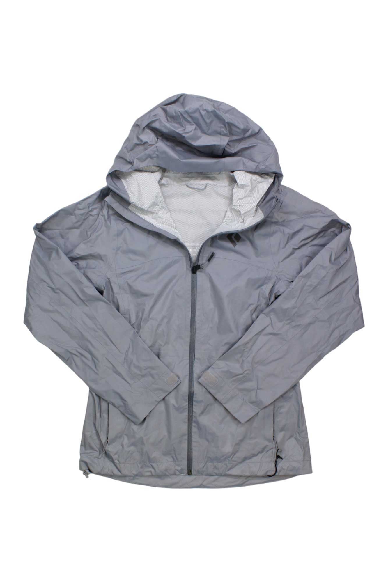 A lightweight, light gray Black Diamond Womens Treeline Rain Shell with front zipper and long sleeves, displayed flat on white—ideal as a climbing or waterproof rain jacket.