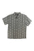 The Billabong Mens Sundays Jacquard SS Shirt is a gray short sleeve shirt featuring a white geometric pattern, collar, moisture-wicking fabric, and a small black logo tag on the left chest. Shirt is displayed flat on a white background.