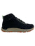 The Vasque Womens Sunsetter Boot is a black waterproof hiking boot featuring metal lace eyelets, a textured beige midsole, brown rubber outsole, and crafted from recycled materials, shown in side profile on a white background.