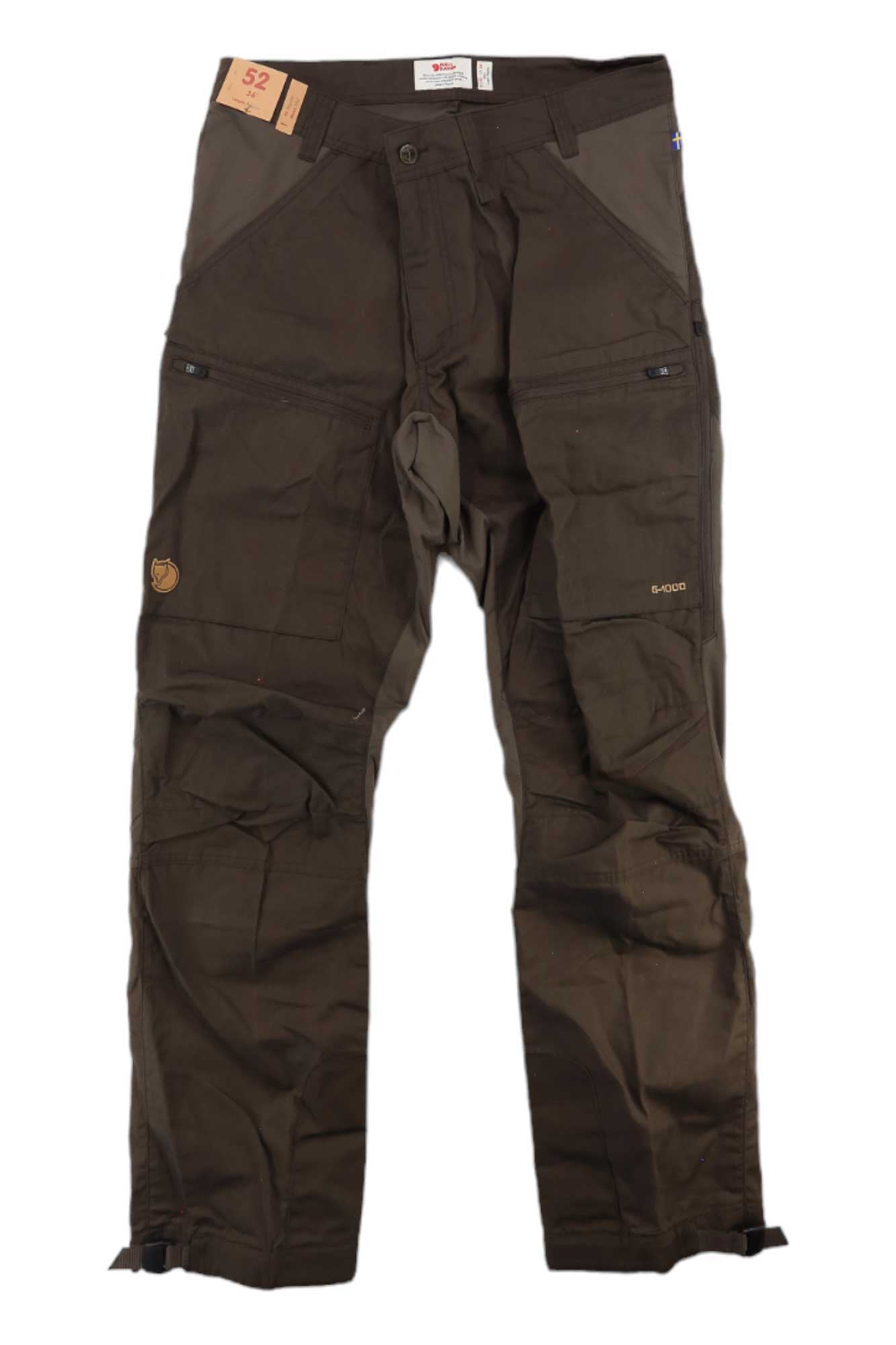 A pair of olive green Abisko Lite Trekking Trousers in size 52, featuring G-1000 Lite fabric, reinforced knee patches, multiple pockets, a thigh fox logo patch, and a size label at the waistband.