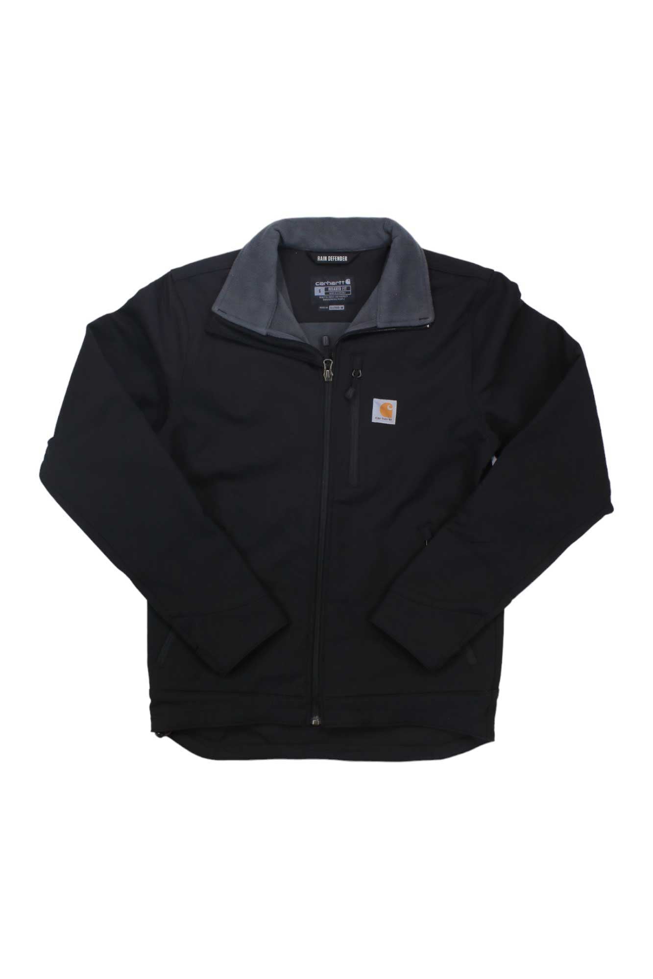The Carhartt Men's Crowley Jacket in black features Rugged Flex technology, a gray collar lining, chest zipper pocket, and a logo patch on the left chest. The jacket is displayed flat on a white background.