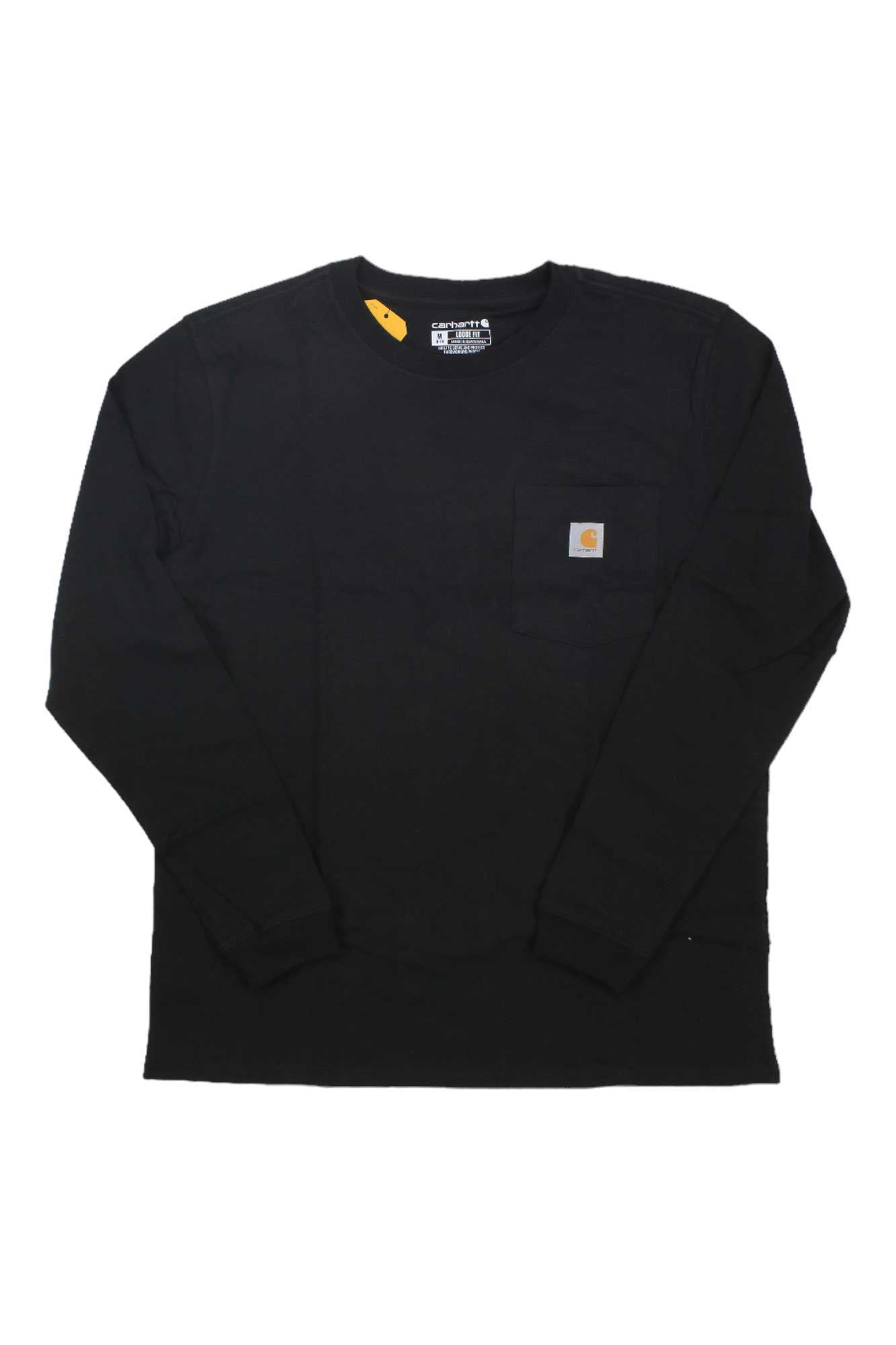 The Carhartt Womens WK126 Workwear Pocket LS T-Shirt is a black, long-sleeve crew neck with a chest pocket and Carhartt logo patch—ideal as women’s workwear.