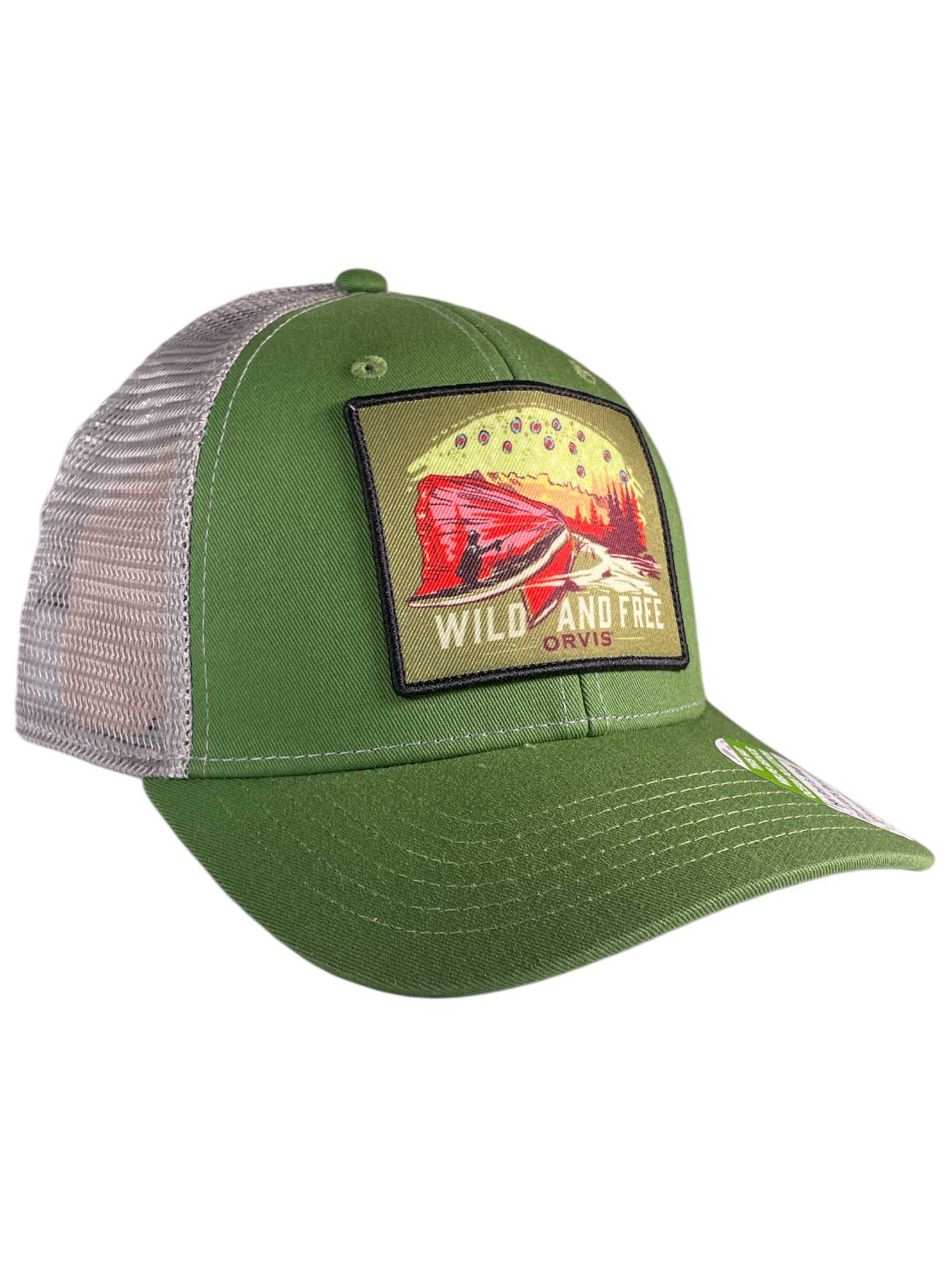 Orvis Wild and Free green trucker cap with front patch and mesh back