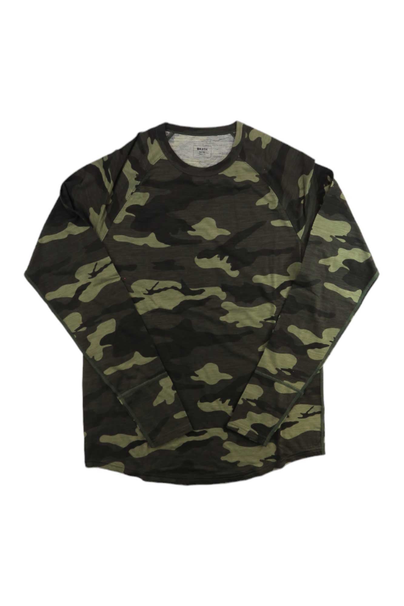 The BN3TH Mens Glacier Creek Merino Crew Tee is a moisture-wicking men’s baselayer long-sleeve shirt featuring a green and brown camouflage pattern, shown laid flat on a white background.
