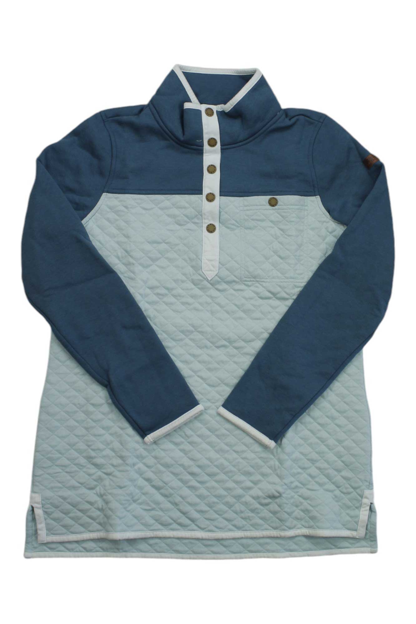 The L.L.Bean Women's Quilted Mockneck Tunic Colorblock Sweatshirt features a light gray quilted body, solid blue sleeves, high collar, button placket, and white trim for classic style.