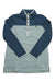 The L.L.Bean Women's Quilted Mockneck Tunic Colorblock Sweatshirt features a light gray quilted body, solid blue sleeves, high collar, button placket, and white trim for classic style.