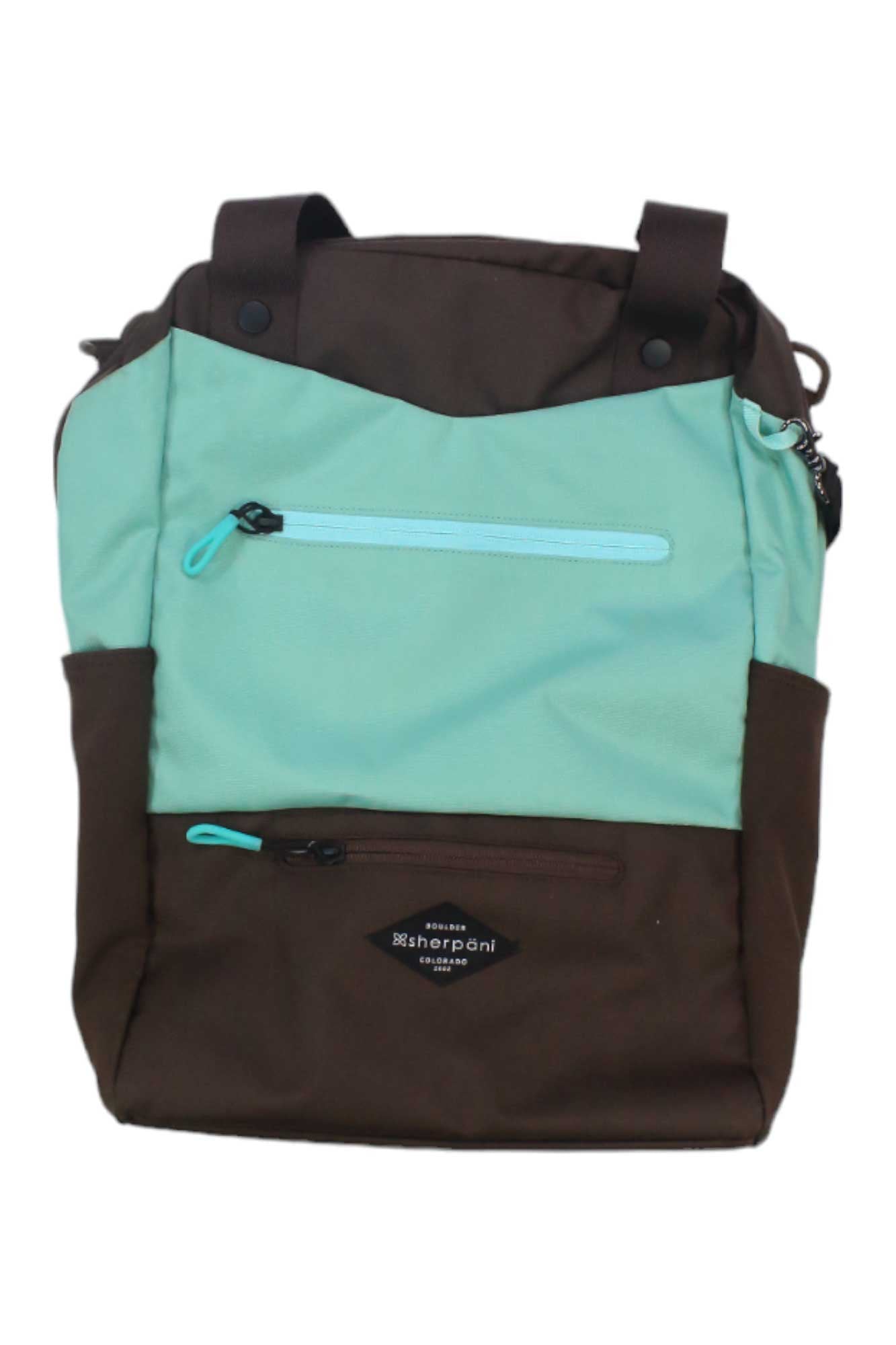 The Sherpani Womens Camden Backpack is brown and teal, made from vegan recycled materials, and features a zipper pocket plus the signature Sherpani logo.