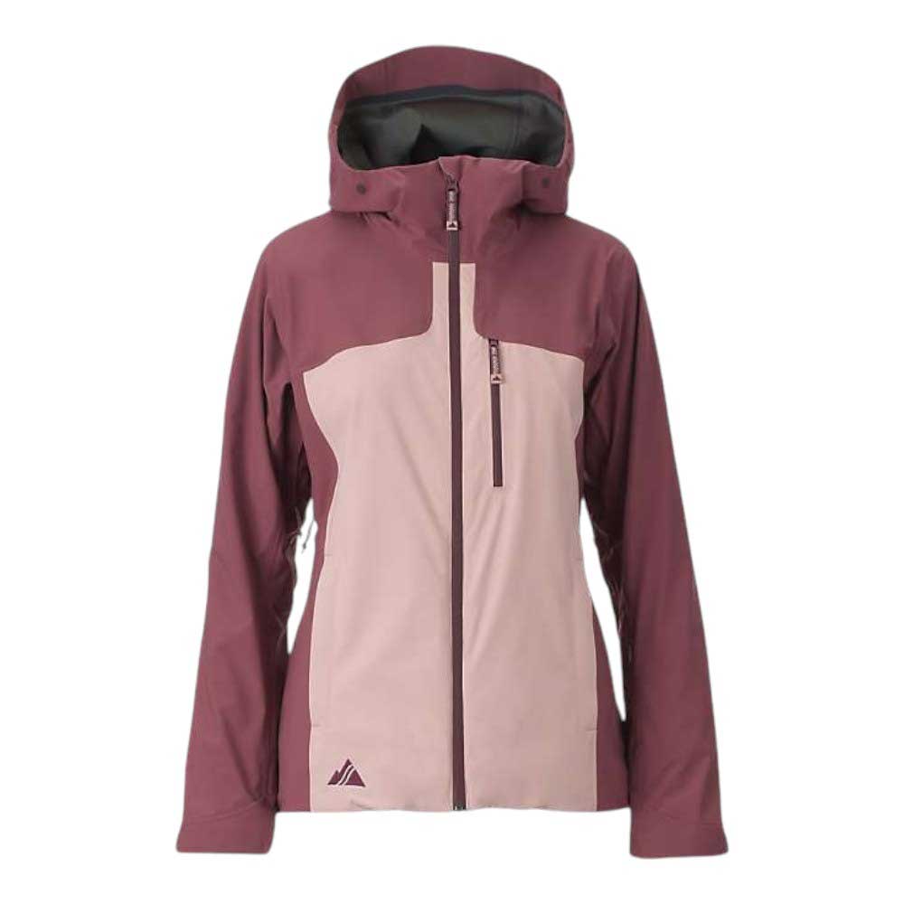 The Strafe Womens Eden Jacket features a maroon upper with light pink lower section, front zipper, chest pocket, small mountain logo near the hem, and weather-resistant design—perfect for stylish outdoor protection.