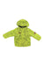 The Obermeyer Kids Finn Windbreaker Jacket is a bright lime green waterproof jacket with a black topographic map pattern, hood, long sleeves, and small brown logo patches—ideal for outdoor adventures.