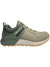 Men's low hiking shoe in olive suede with contrast gray panel, lace-up, lug rubber outsole