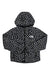 The North Face Girls Reversible North Down Hooded Jacket is a black, hooded puffer with a water-resistant finish, white and light blue abstract pattern, and a white The North Face logo on the chest.
