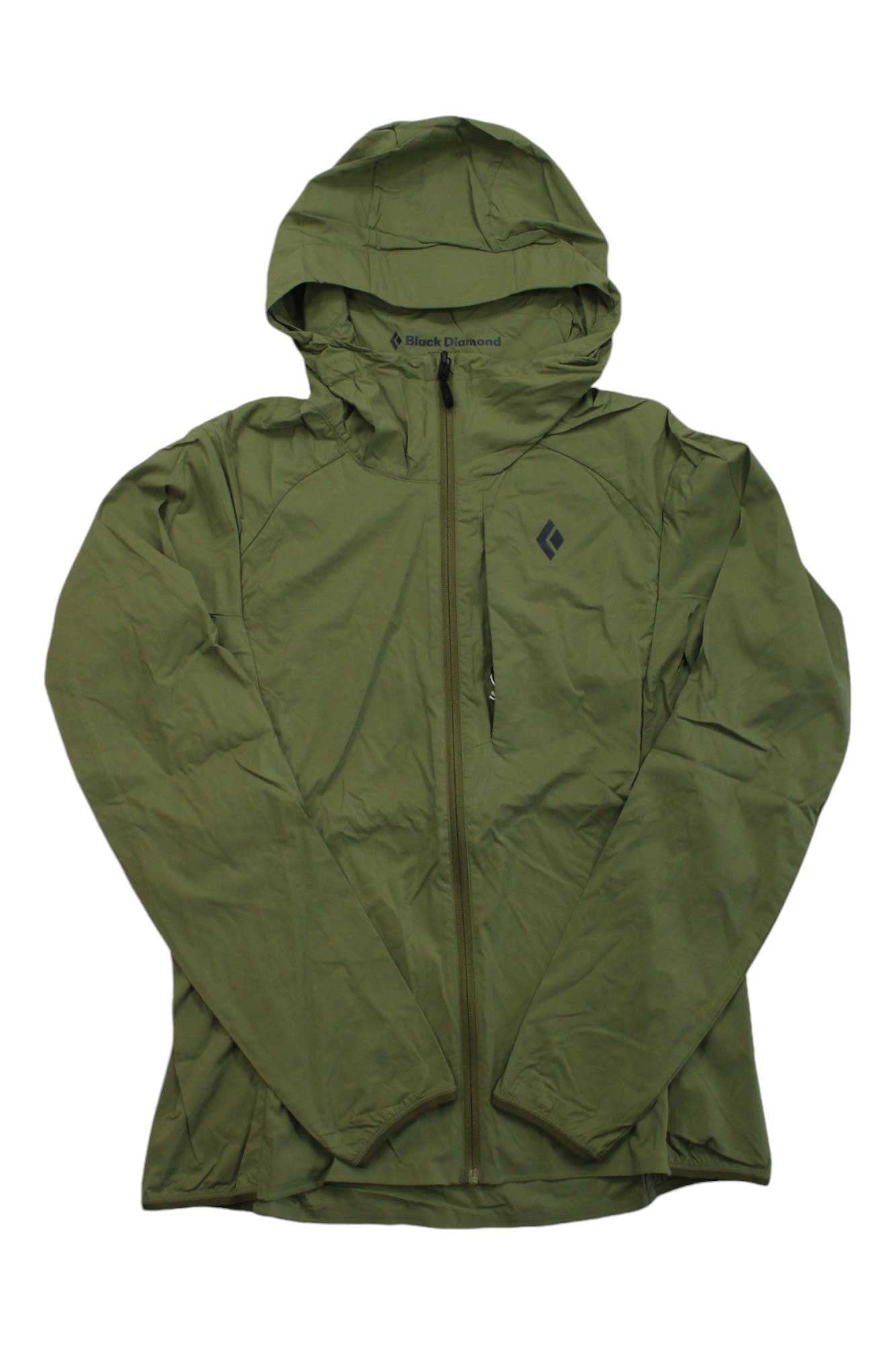 The Black Diamond Women's Alpine Start Hoody Jacket, in olive green, features a front zipper, long sleeves, a small left-chest logo, and weather-resistant construction. The lightweight shell is displayed flat on a white background.