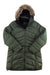 The Marmot Womens Montreal Down Coat is an olive green, water-resistant down coat with a fur-lined hood, front zipper, black interior lining, and Marmot logo on the chest. Laid flat on a white background.