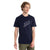 A man with curly hair wears the Icebreaker Mens Merino 150 Tech Lite II Natural Ski Tour SS Tee, a navy blue shirt with a white line drawing of four hikers, paired with olive green pants against a white background.
