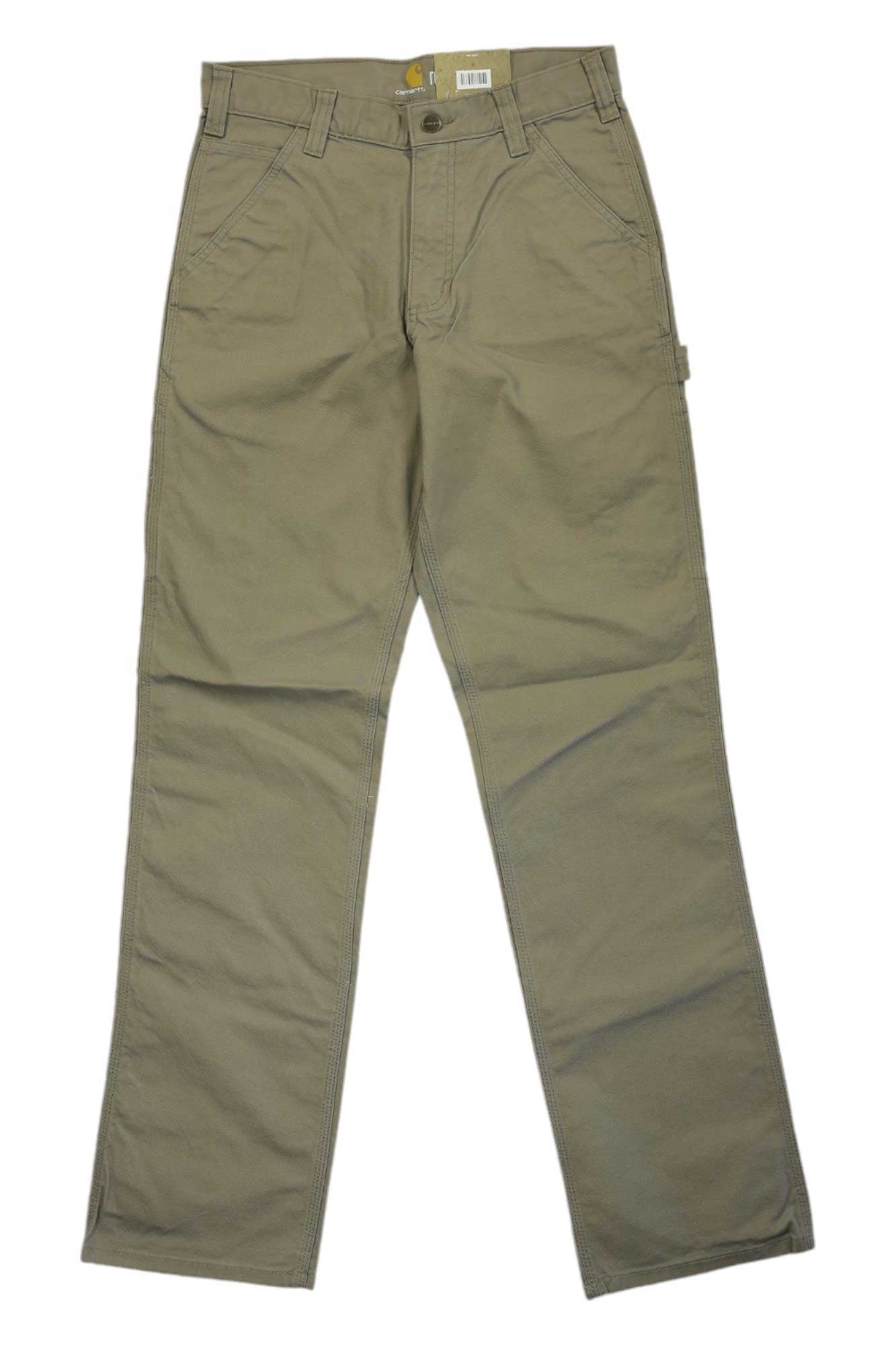 A pair of Carhartt Men's Rugged Flex Relaxed Fit Duck Dungaree pants in khaki, featuring front pockets, belt loops, and a straight-leg design, is laid flat on a white background.