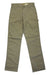 A pair of Carhartt Men's Rugged Flex Relaxed Fit Duck Dungaree pants in khaki, featuring front pockets, belt loops, and a straight-leg design, is laid flat on a white background.